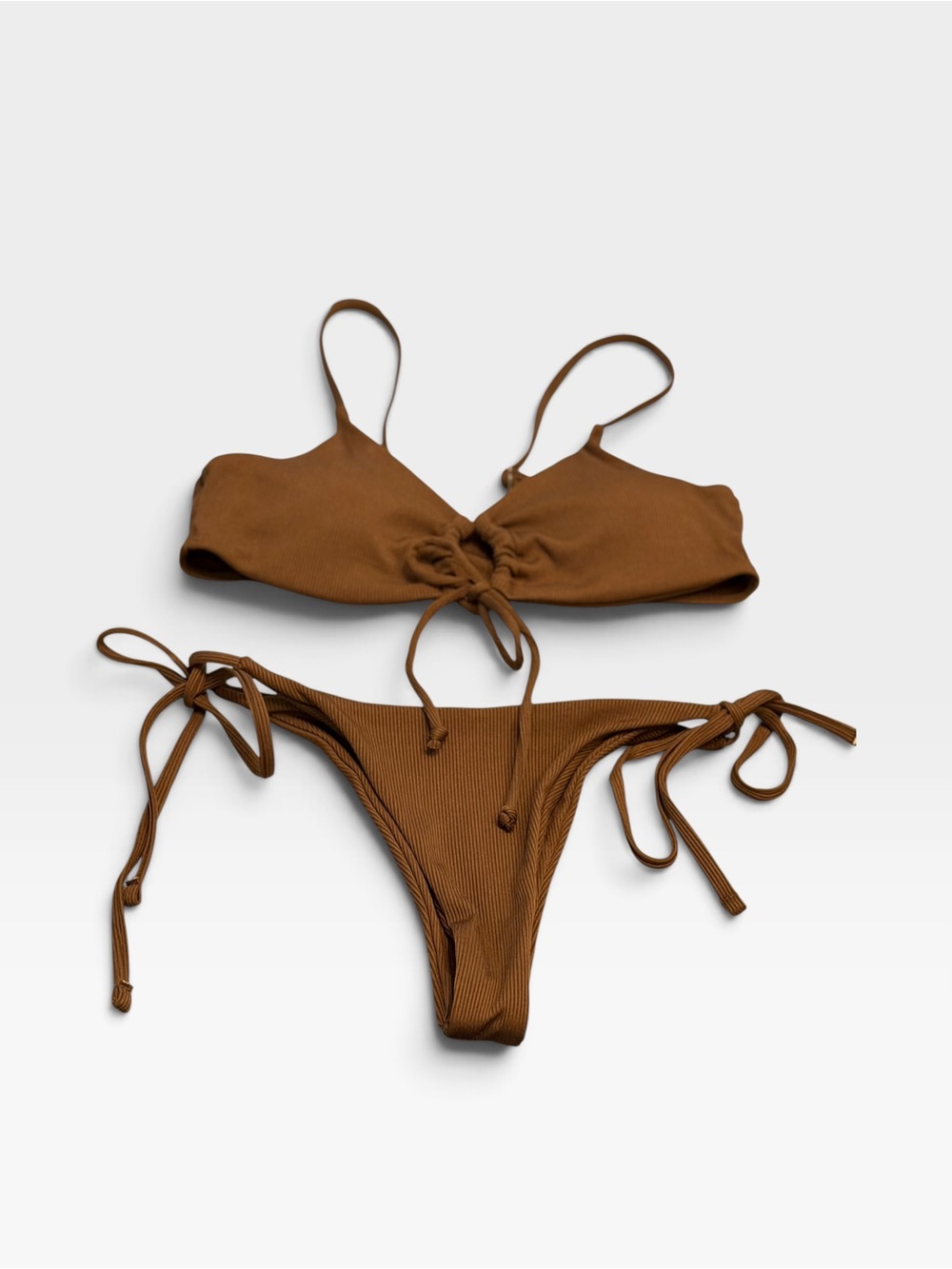 Cider Women's Tie-Side Ribbed Bikini Set in Brown